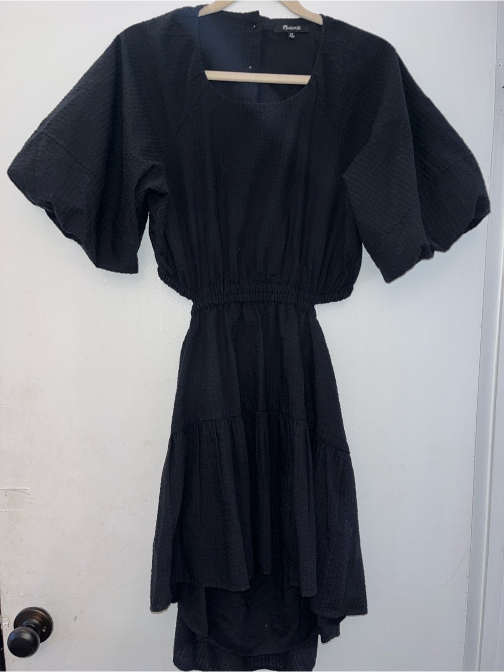 Madewell Black Puff-Sleeve High-Low Tiered Midi Dress